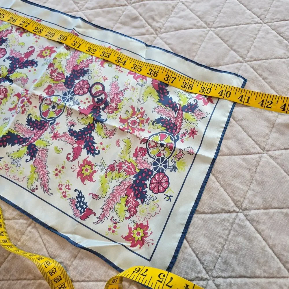Vintage 80s June Critchfield Silk Rectangle Scarf Floral Navy Pink DAR Museum